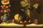 ₴ Репродукция натюрморт от 285 грн.: Подсолнух и другие цветы в золоченой вазе, дыни, абрикосы, виноград и сливы в оловянной тарелке на мраморном выступе