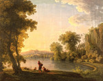 Пейзаж: Три рыболова отдыхают возле озера