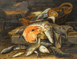 ₴ Картина натюрморт художника от 210 грн.: Щука, кусок лосося в корзинке, вместе с окунями и другой рыбой на выступе