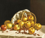 Натюрморт: Желтые яблоки и каштаны вывалились из корзины