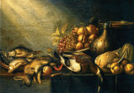 ₴ Картина натюрморт художника от 194 грн.: Дичь, рыба, овощи и глиняный бутыль на драпированном столе