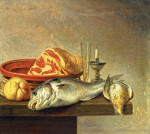 ₴ Картина натюрморт художника от 235 грн.: Окорок, рыба, свечи и другие объекты расположены на краю столешницы