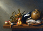 ₴ Картина натюрморт художника от 194 грн.: Фрукты, рыба на глиняной тарелке, дичь, все на выступе