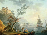 ₴ Картина морской пейзаж художника от 184 грн.: Рыбаки вдоль скалистого берега с замком выше, торговые суда в отдалении