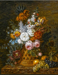 ₴ Репродукция картины натюрморт от 189 грн.: Розы, сирень, императорская корона, примула, тюльпан-папугай и другие цветы в корзинке, персики, синий и белый виноград, все на мраморном выступе