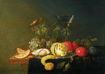 Купить картину натюрморт: Очищенный лимон, апельсин ломтиками, устрицы, сливы, виноград и стакан из венецианского стекла, наполненный белым вином