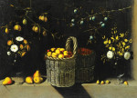 Купить натюрморт известного художника от 194 грн.: Корзины с абрикосами и вишнями, ваза с цветами и подвешенные ветки мирабели и терном