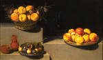 Купить натюрморт известного художника от 159 грн.: Корзинка с персиками и сливами, тарелка с яблоками инжиром, кувшин и стеклянная ваза все на каменном выступе
