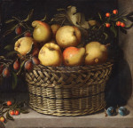 Купить натюрморт известного художника от 244 грн.: Яблоки, айва, сливы и вишни в плетеной корзине