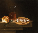 ₴ Репродукция натюрморт от 271 грн.: Сельдь на тарелке с булочкой, стакан пива и луковица