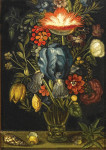₴ Репродукция натюрморт от 208 грн.: Различные цветы в ремере, ракушки и фиалки на выступе
