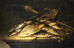 ₴ Репродукция картины натюрморт от 161 грн.: Щука, карп, окунь и другие рыбы, сети и другие рыболовные снасти на столе