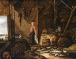 Картина бытовой жанр художника от 189 грн.: Рыбак в своем сарае с женщиной и кошкой