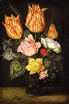 ₴ Репродукция натюрморт от 217 грн.: Тюльпаны, шиповник, цикламен, желтый лютик, незабудка и другие цветы в стакане