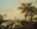 Аркадийный речной пейзаж с семьей и их животные на мосту