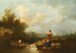 Пейзаж: Рыболовы и другие фигуры беседующие около ручья