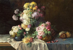 Натюрморт: Три вазы с хризантемами и розами