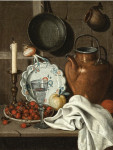 Натюрморт: Подсечник, вишни в керамической вазе, фужер, керамическая тарелка, яблоко,апельсин, медный чайник, белая скатерть на каменном выступе вместе с луковицей кастрюлей и кувшином