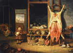 Бытовой жанр: Амбарный интерьер, мальчик играет свинным пузырем, овца, петух и собака, овощи на деревянном выступе, горничная доит корову, вид Дордрехта в отдалении
