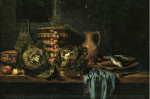 ₴ Репродукция натюрморт от 217 грн.: Капуста, лук, яблоки, нож, корзина и глиняный кувшин на столе вместе с тарелкой рыбы и синее сукно