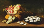Натюрморт: Устрицы на оловянной тарелке с виноградом и грецкими орехами в плетеной корзине