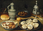 ₴ Репродукция натюрморт от 235 грн.: Натюрморт с устрицами, сладостями, хлебом,кувшином на столе
