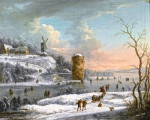 Зимний пейзаж с фигурками катающимися на реке, ветряк в отдалении