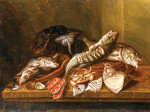 Картина натюрморт от 215 грн.: Рыба, перевернутый краб, устрицы, мидии, скат, омаров, палтус и пикша, все на столе в интерьере