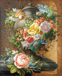 Купить картину натюрморт: Урна, гирлянда цветов с различными насекомыми и улитками на каменном выступе