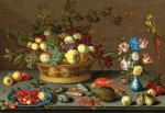 ₴ Репродукция картины натюрморт от 241 грн.: Большой натюрморт с фруктами на тарелке Делфта, ракушками, насекомыми, цветами в вазе Ван-ли и двумя попугаями