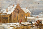 ₴ Репродукция пейзаж от 293 грн.: Зимний пейзаж с видом на деревню с лесорубами