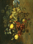 ₴ Репродукция натюрморт от 196 грн.: Фестон из винограда, груш, яблок подвешанные гроздьями, улитка, бабочка и попугай