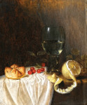 ₴ Репродукция натюрморт от 232 грн.: Ремер, чищенный лимон, черешни и хлеб на частично драпрованном столе