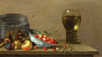 Картина натюрморт художника от 154 грн.: Яблоки, сливы, фарфоровая чаша с клубникой и ремер с вином на столе