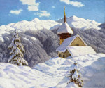 Снежный зимний пейзаж с маленькой церковью, вероятно, в долине Сертиг