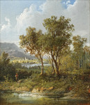 Пейзаж: Фигура у озера с горами в отдалении