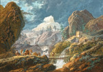 Горный пейзаж с двумя мостами и путниками