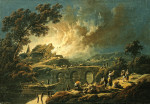 Речной пейзаж с фигурами бежавшими с горящей деревни
