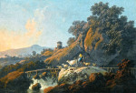 Пейзаж с гонымми пастухами и их стадом пересекающие деревянный мост над водопадом