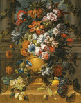 Натюрморт: Цветы в урне с фруктами на пьедестале