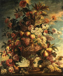Натюрморт: Букет цветов и фруктов на каменном выступе