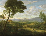 ₴ Репродукция картины пейзаж от 189 грн: Обширный пейзаж с путниками на дороге, римский храм в отдалении