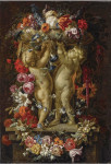 Натюрморт: Гирлянда цветов окружает вазу с двумя путти на каменном выступе