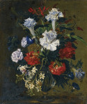₴ Репродукция натюрморт от 306 грн.: Гвоздики, пионы, лилии и другие цветы в стеклянной вазе