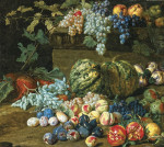 Натюрморт: Тыква, виноград, персики, сливы, гранат, груши, инжир, яблоки и репа на выступе