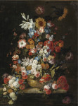 Натюрморт: Розы, тюльпаны, импомеи, ирисы,гарнации, лилии, снежки, подсолнух и другие цветы в скульптурной вазе на выступе