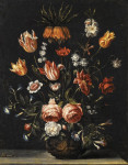 ₴ Репродукция натюрморт от 325 грн.: Тюльпаны, розы,петунии и другие цветы в вазе на каменном постаменте