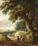₴ Картина пейзаж художника от 197 грн.: Лесной пейзаж с элегантными путниками и хотниками на дороге, женщина и ребенок молятся возле места поклонения