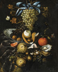 ₴ Репродукция картины натюрморт от 185 грн.: Синий и белый виноград, орехи, наполовину чищенный лимон и ежевика в чаше Ван-Ли, вместе с мышей, бабочеой и другими объектами