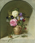 ₴ Репродукция натюрморт от 318 грн.: Цветы в глиняном кувшине в нише с кузнечиком